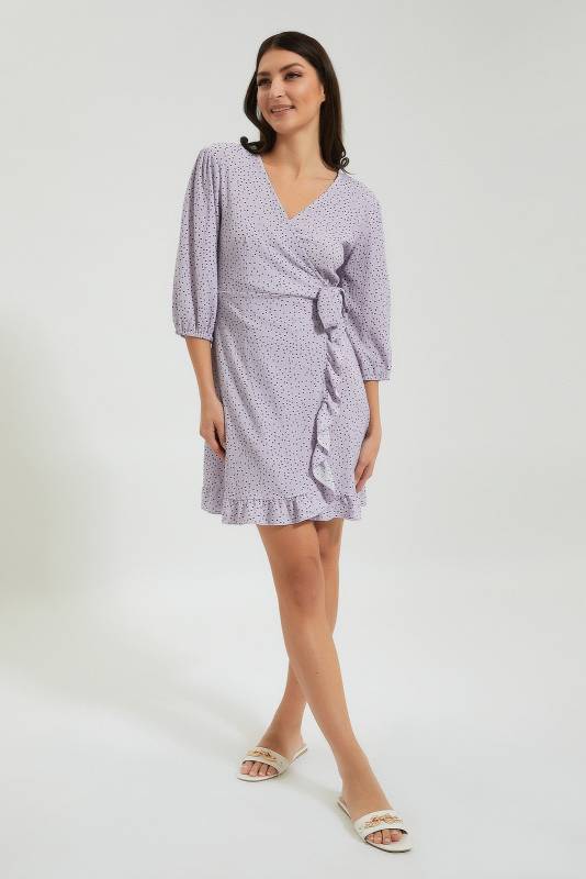 Lilac Dotted Wrap Skater Short Dress