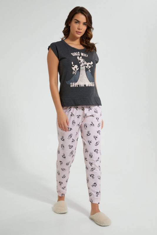 Grey And Pink Powerpuff Girls Pyjama Set (2 Piece)