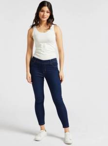 بنطلون جينز ضيّق قصير قطن بي سي آي سادة بخصر مطاطي متوسط الارتفاع